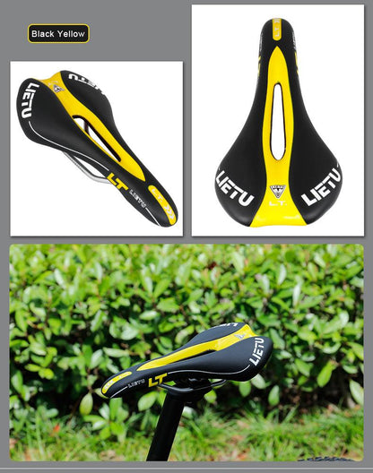 Stevvex saddle black yellow ergonomic perforated memory-foam 3 views steel rails on Tampa Home & Garden Store