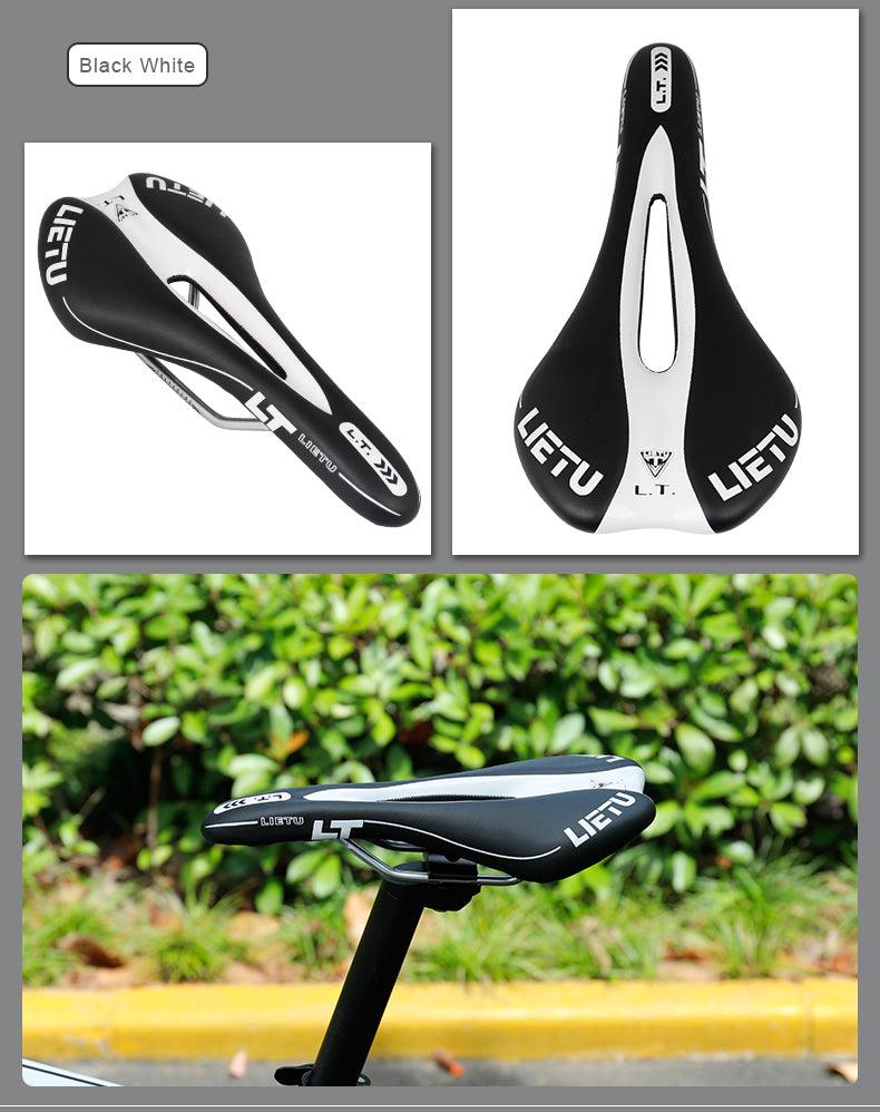 Stevvex Lietu LT bicycle saddle four-view set black perforated PU leather with steel rails on Tampa Home & Garden Store