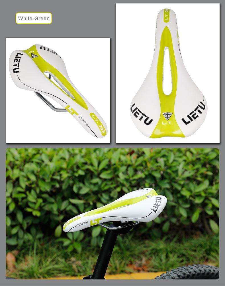 Stevvex bicycle saddle white lime-green ergonomic road bike with steel rails on Tampa Home & Garden Store
Stevvex bicycle saddle white lime-green top view with central cutout on Tampa Home & Garden Store
Stevvex bicycle saddle white lime-green mounted on bike post in greenery on Tampa Home & Garden Store