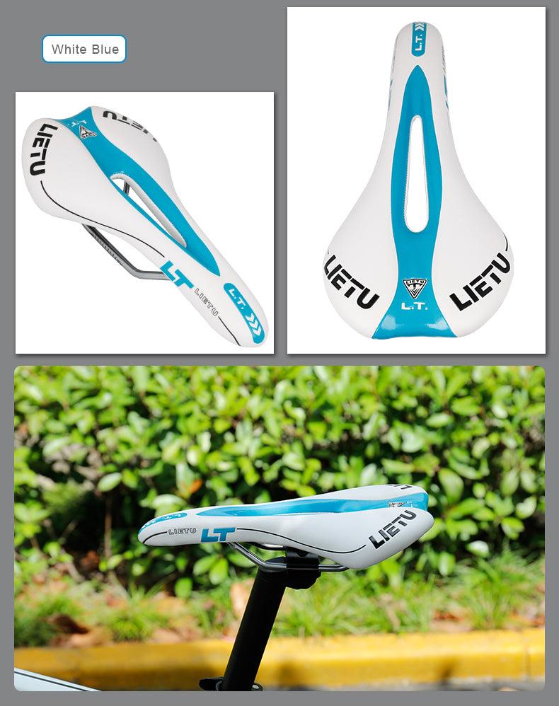 Stevvex bicycle saddle white and blue road bike seat with PU leather texture and steel rails shown from top and side views on Tampa Home & Garden Store