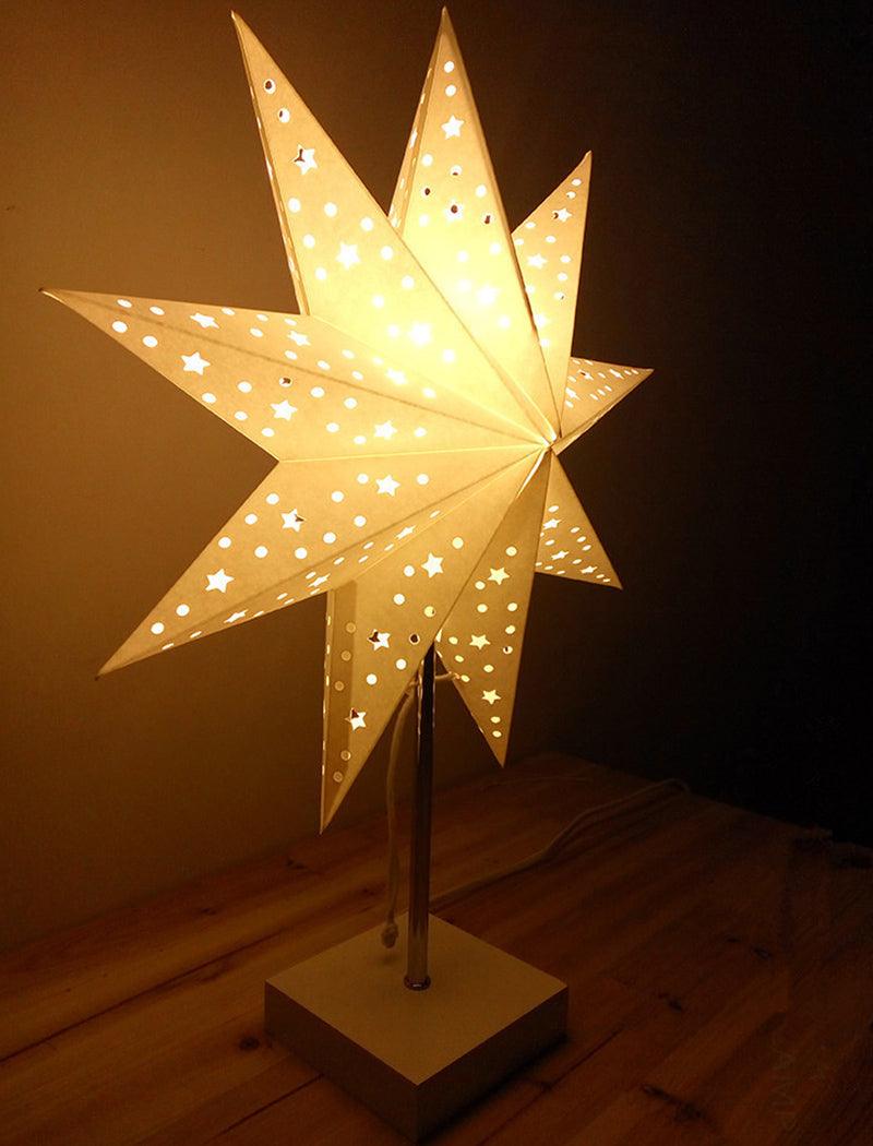 Star-shaped paper LED desk lamp in warm beige with star perforations, Stevvex ST125090AYC on Tampa Home & Garden Store