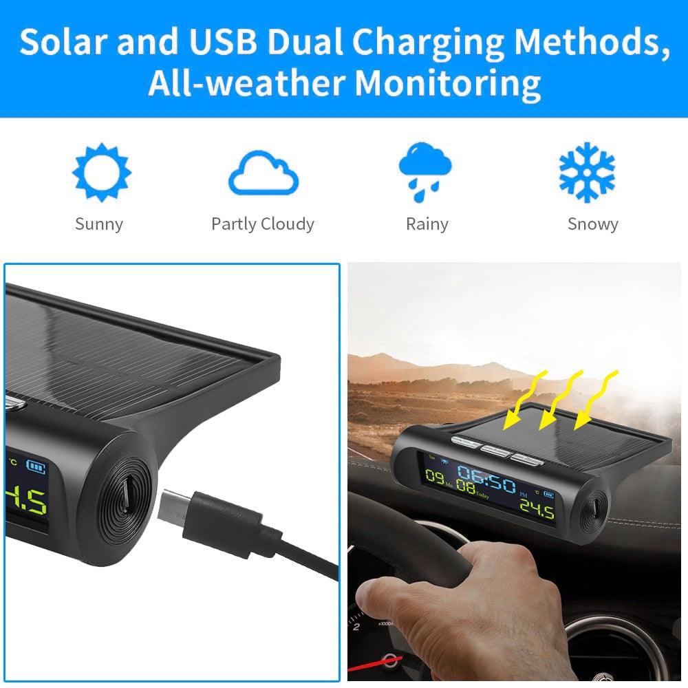 Stevvex solar car clock with LCD time/date and in-car temperature display, USB charging on Tampa Home & Garden Store