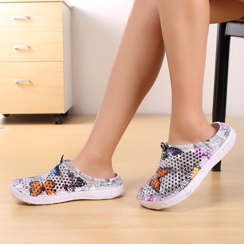 Pair of Stevvex women's slip-on quick-dry water clogs with butterfly-print gray mesh on Tampa Home & Garden Store