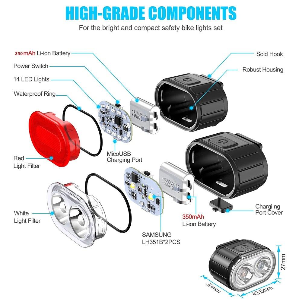 Stevvex 2pc LED bike light set front white and rear red, USB rechargeable, waterproof on Tampa Home & Garden Store