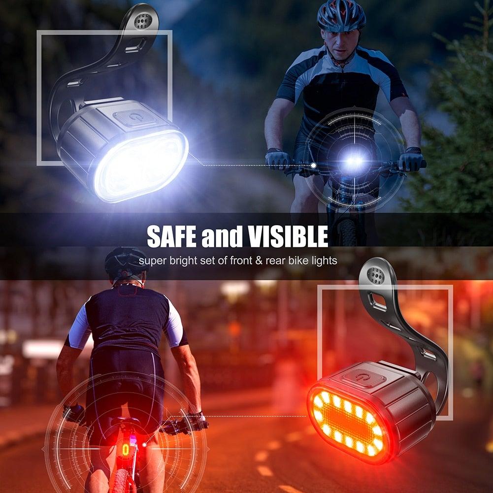 Stevvex 2pc bike LED lights USB rechargeable, black with white beam and red rear light on Tampa Home & Garden Store