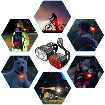 Stevvex 2pc LED bike light set front white headlight rear red taillight USB rechargeable on Tampa Home & Garden Store