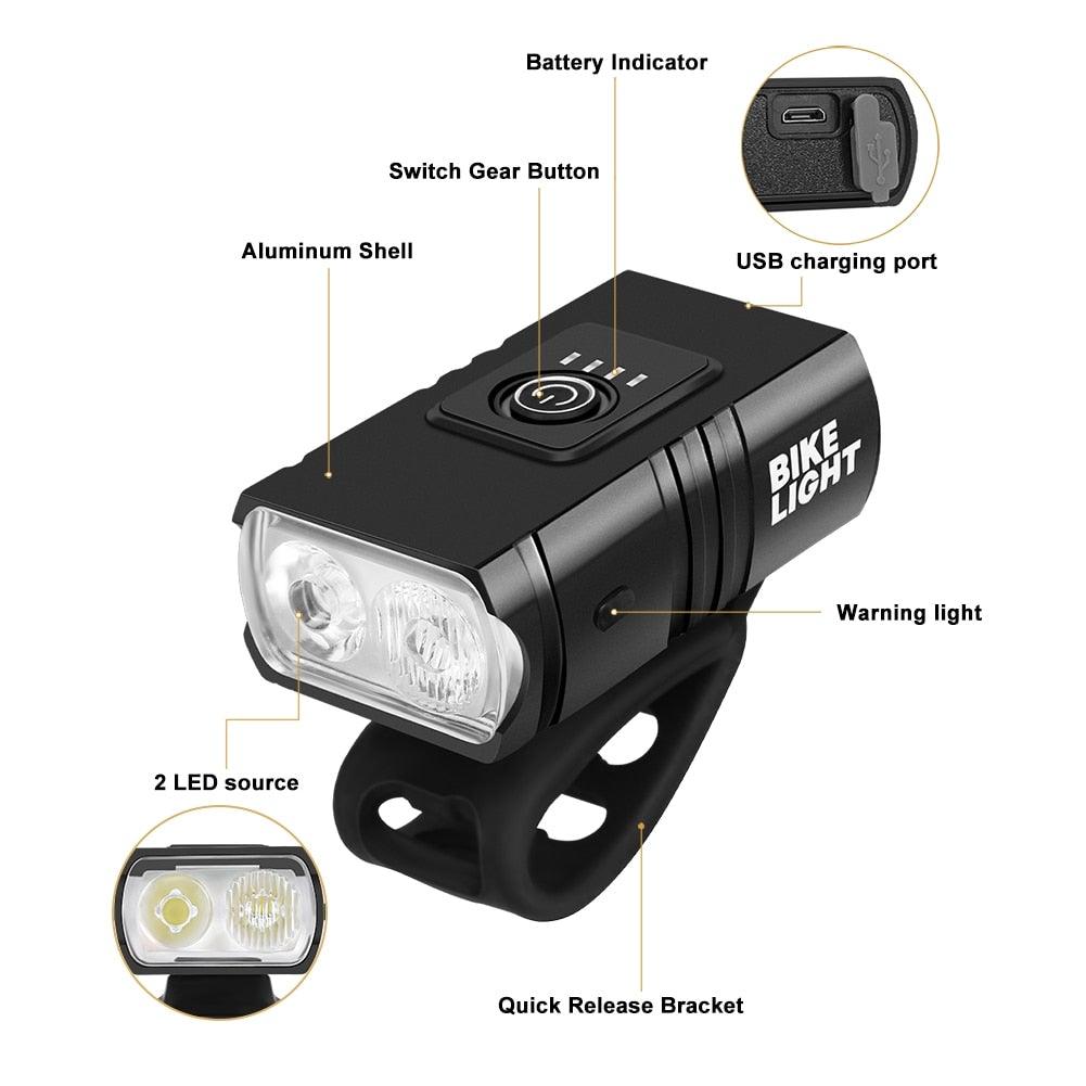Stevvex 2-pack LED bike lights front & rear USB rechargeable aluminum shell black waterproof on Tampa Home & Garden Store
