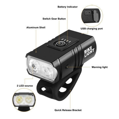 Stevvex 2-pack LED bike lights front & rear USB rechargeable aluminum shell black waterproof on Tampa Home & Garden Store
