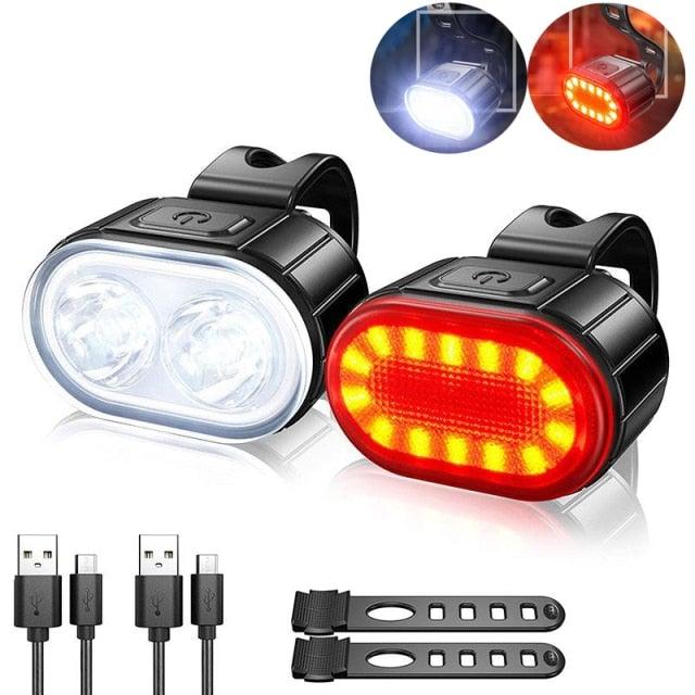 2pc LED bike light set front rear USB rechargeable waterproof with mounting straps Stevvex on Tampa Home & Garden Store
