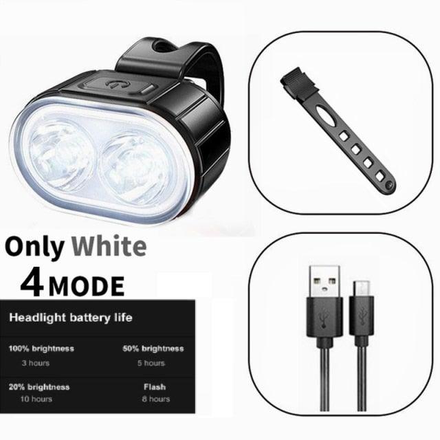 2pc LED bike light set with front headlight and rear taillight, USB rechargeable, white LEDs on Tampa Home & Garden Store