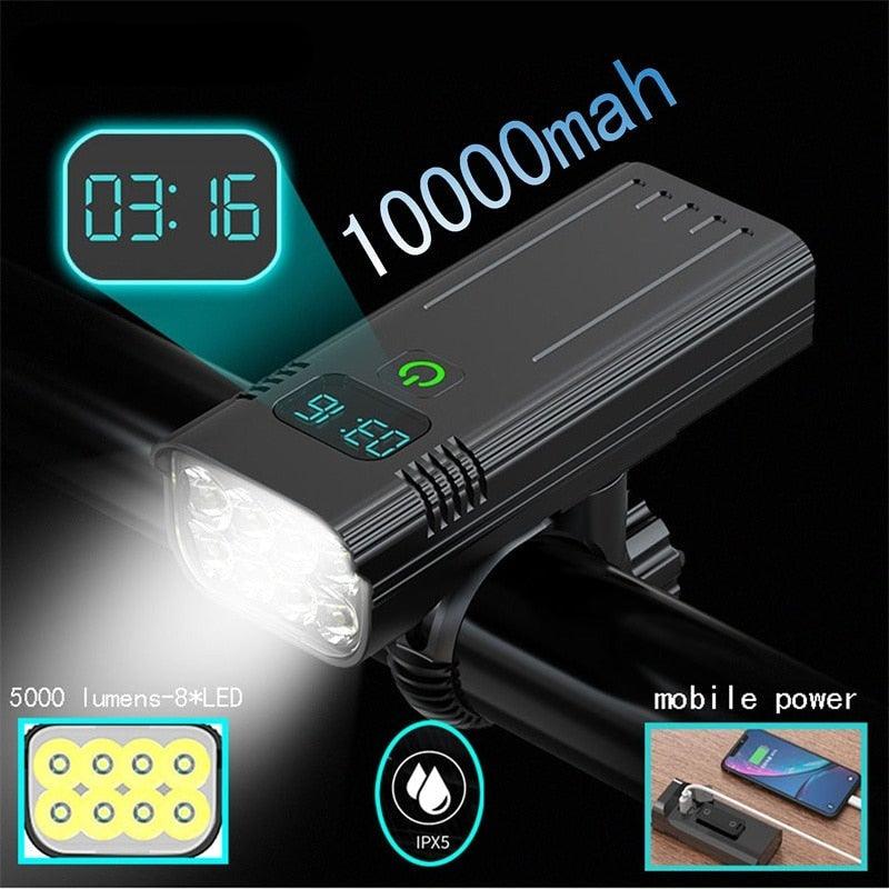 bicycle front light Stevvex 10000mAh USB rechargeable 8 LED IP65 waterproof for roads on Tampa Home & Garden Store