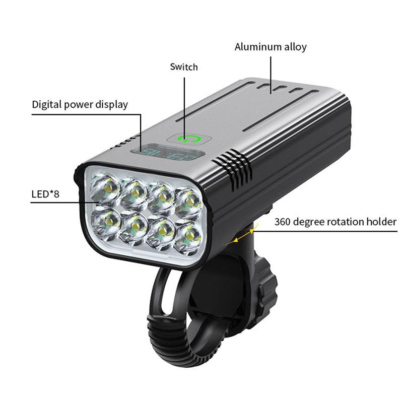 Bicycle Front Light Stevvex 10000mAh USB rechargeable 8 LED IP65 waterproof on Tampa Home & Garden Store