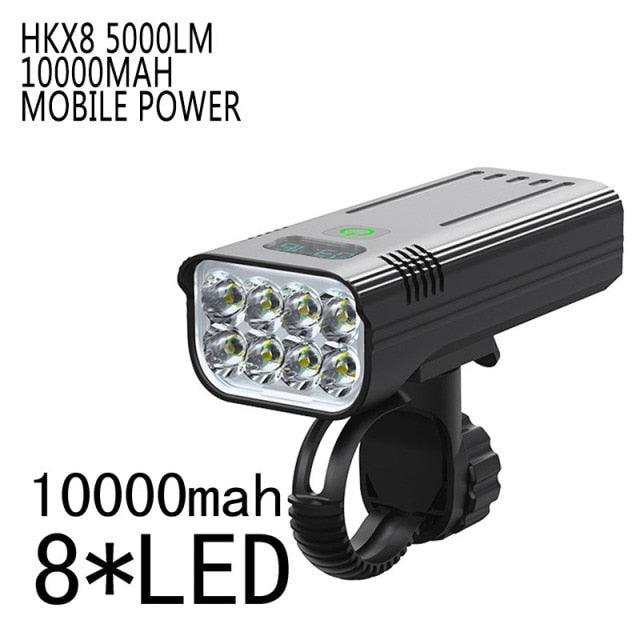 Bicycle front light by Stevvex 10000mAh 8-LED USB rechargeable IP65 waterproof with strap on Tampa Home & Garden Store