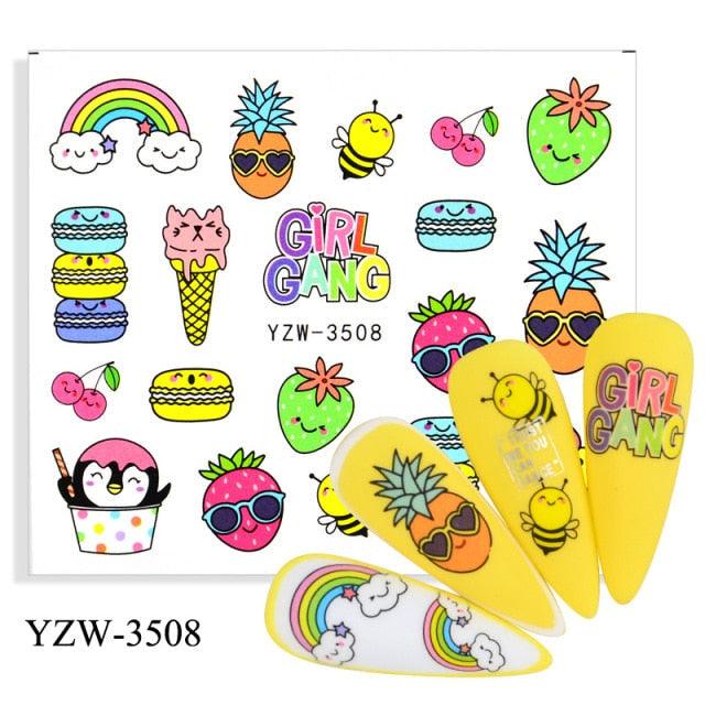 Nail art stickers sheet with colorful fruit icons and GIRL GANG lettering for nails Stevvex ST695BGF on Tampa Home & Garden Store