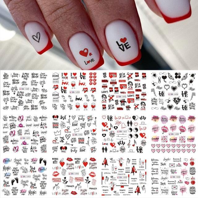 Avocado fruit transfer nail stickers by Stevvex; nails with base and red tips and love motif on Tampa Home & Garden Store