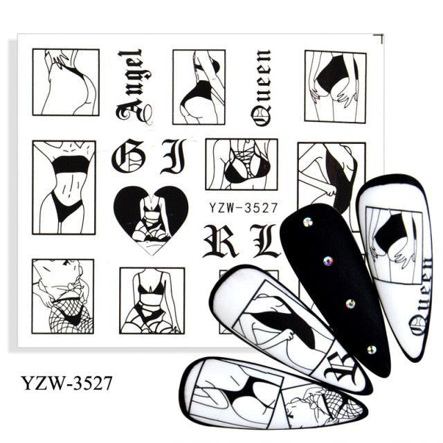 Nail art transfer sticker sheet with black line art figures in square panels YZW-3527 on Tampa Home & Garden Store