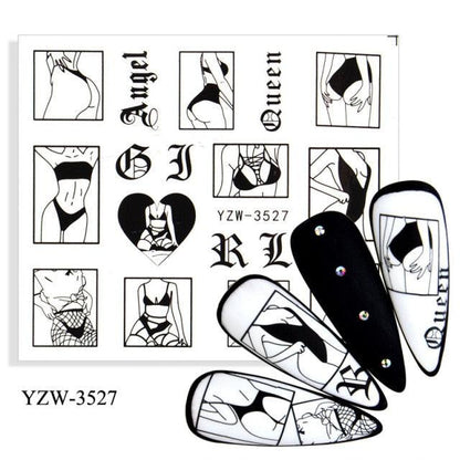 Nail art transfer sticker sheet with black line art figures in square panels YZW-3527 on Tampa Home & Garden Store