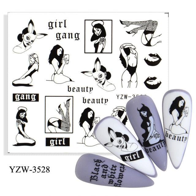 Stevvex nail art transfer stickers YZW-3528 with black white girl illustrations and quotes on lavender nails on Tampa Home & Garden Store