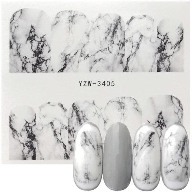 Marble nail sticker sheet with gray accents; white marble and gray nails, code YZW-3405 Stevvex on Tampa Home & Garden Store