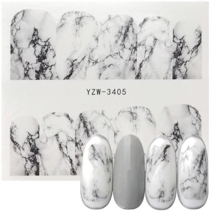 Marble nail sticker sheet with gray accents; white marble and gray nails, code YZW-3405 Stevvex on Tampa Home & Garden Store
