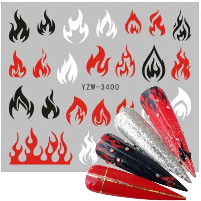 Nail art stickers sheet by Stevvex with red/black/white flame designs; glitter manicure nails on Tampa Home & Garden Store