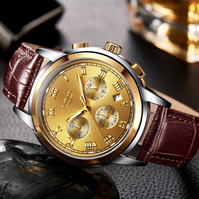 Men's Elegant Watch by Stevvex with gold dial, Roman numerals, brown leather strap on Tampa Home & Garden Store