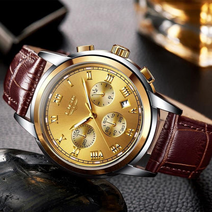 Men's Elegant Watch by Stevvex with gold dial, Roman numerals, brown leather strap on Tampa Home & Garden Store