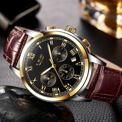 Stevvex men's chronograph watch with black dial, gold numerals, date window, brown leather strap on Tampa Home & Garden Store