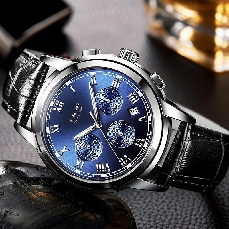 Stevvex men's watch with blue dial, chronograph subdials, date window, black leather strap on Tampa Home & Garden Store