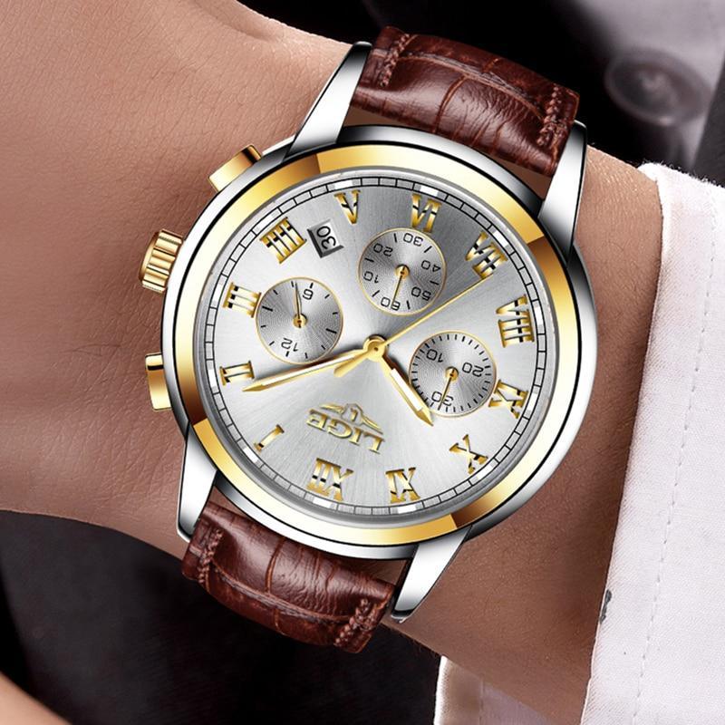 Men's Stevvex elegant chronograph watch with brown leather strap and silver-gold case on Tampa Home & Garden Store