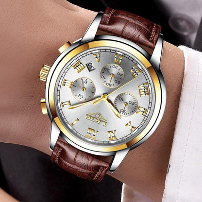 Men's Stevvex elegant chronograph watch with brown leather strap and silver-gold case on Tampa Home & Garden Store