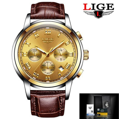 Men's chronograph watch with gold dial and brown leather strap, LIGE logo on Tampa Home & Garden Store