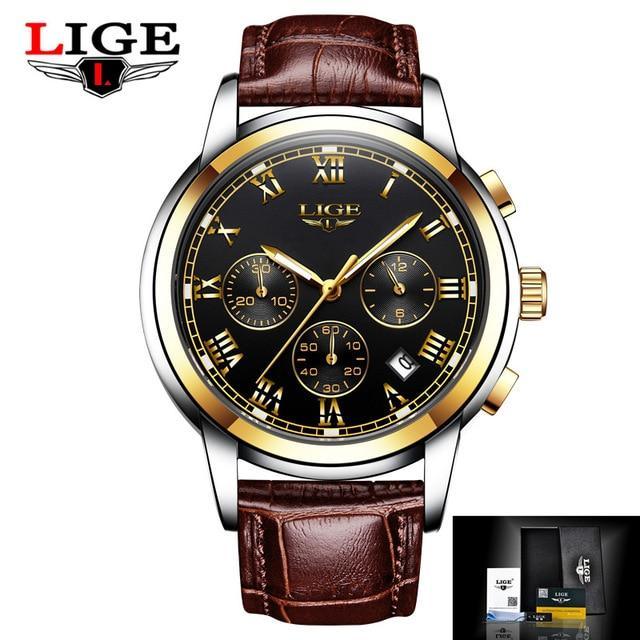 Stevvex men's elegant chronograph watch with black dial, gold bezel, brown leather strap on Tampa Home & Garden Store
