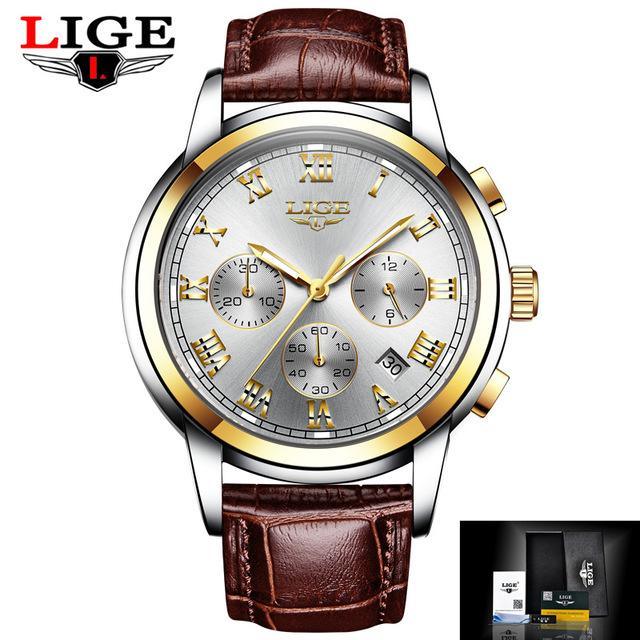 LIGE men's chronograph watch with gold-tone bezel and brown leather strap on Tampa Home & Garden Store