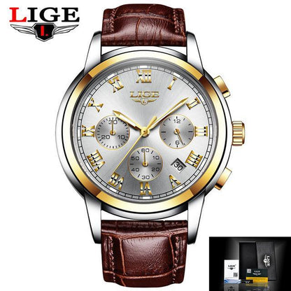 LIGE men's chronograph watch with gold-tone bezel and brown leather strap on Tampa Home & Garden Store