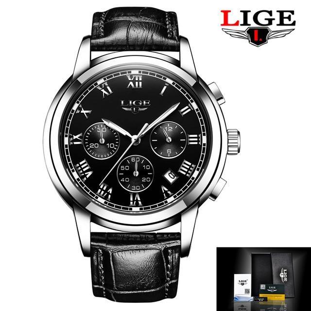Men's ST1LG1458GFX chronograph watch with black dial, leather strap and steel case; LIGE logo on packaging on Tampa Home & Garden Store