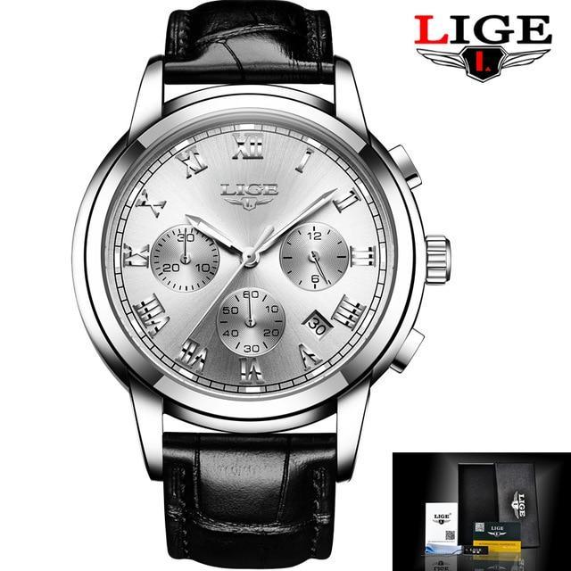 LIGE men's chronograph watch with silver dial, Roman numerals, and black leather strap on Tampa Home & Garden Store