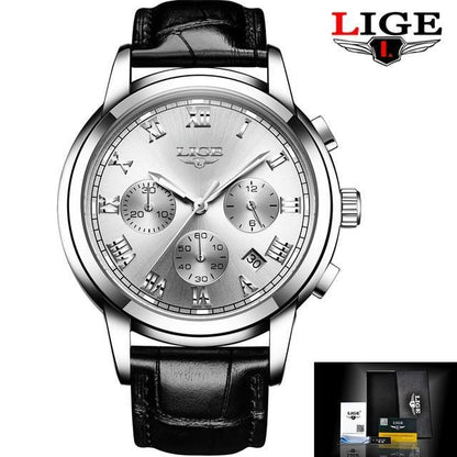 LIGE men's chronograph watch with silver dial, Roman numerals, and black leather strap on Tampa Home & Garden Store