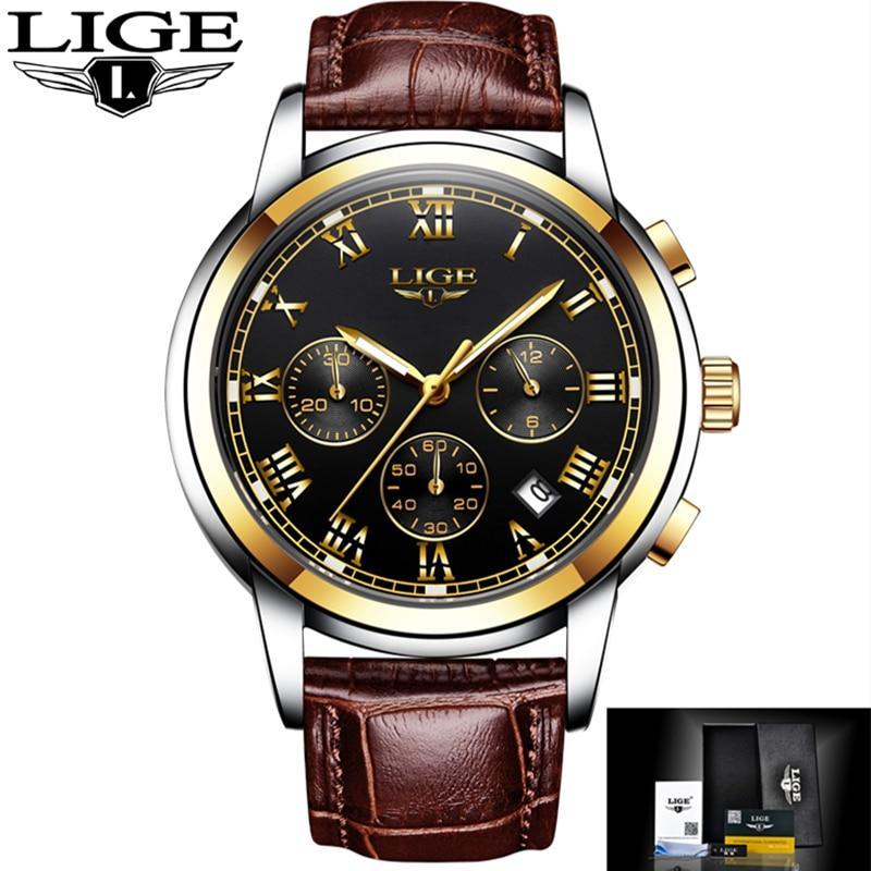 LIGE men's watch with black dial gold numerals brown leather strap on Tampa Home & Garden Store