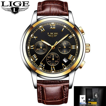 LIGE men's watch with black dial gold numerals brown leather strap on Tampa Home & Garden Store