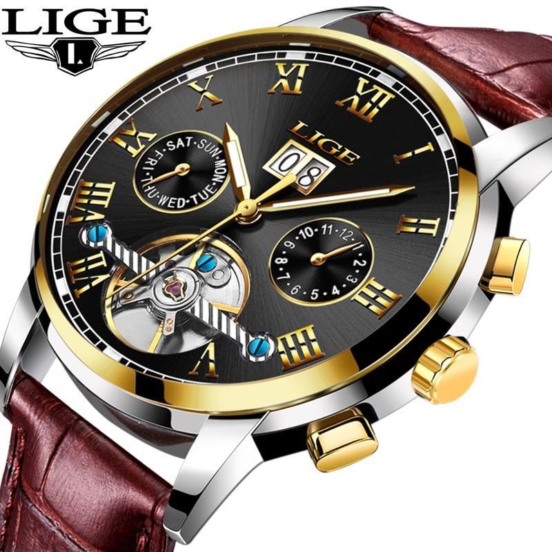 Business men's waterproof LIGE watch with bezel, Roman numerals, date window, leather strap on Tampa Home & Garden Store