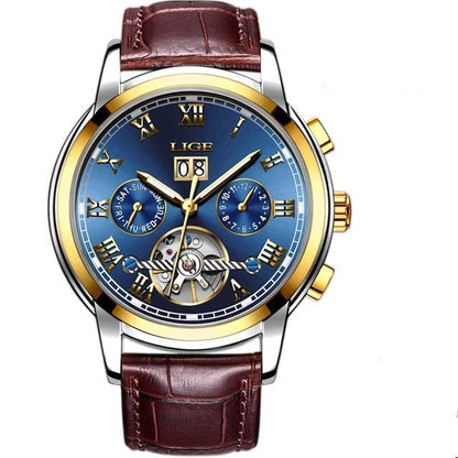 ST1LG6090MMT77 men's waterproof watch with blue dial and gold bezel on brown leather strap on Tampa Home & Garden Store