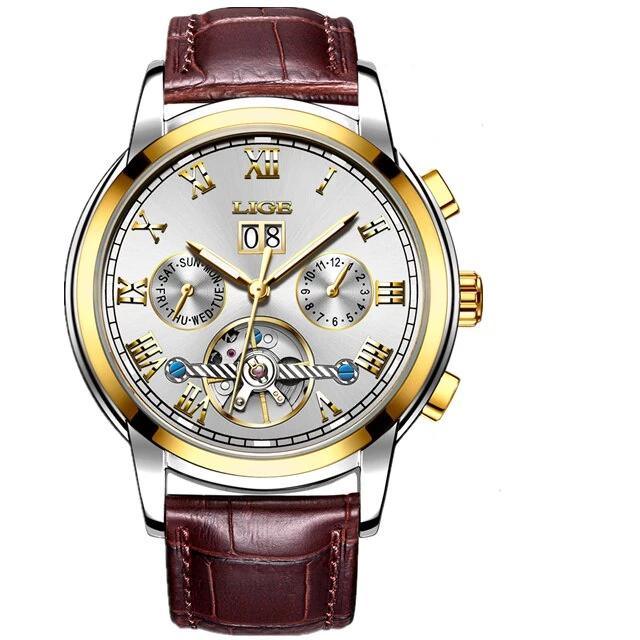 Business men's waterproof watch with brown leather strap, two-tone case and Roman numerals on Tampa Home & Garden Store