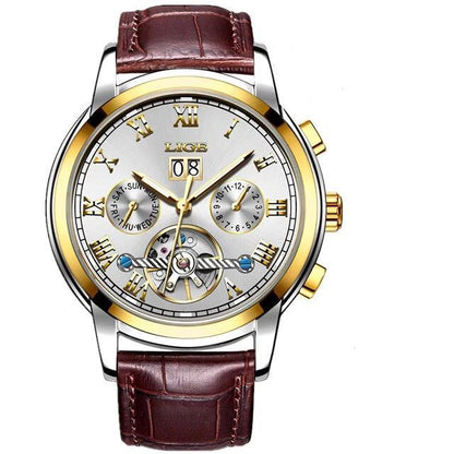 Business men's waterproof watch with brown leather strap, two-tone case and Roman numerals on Tampa Home & Garden Store