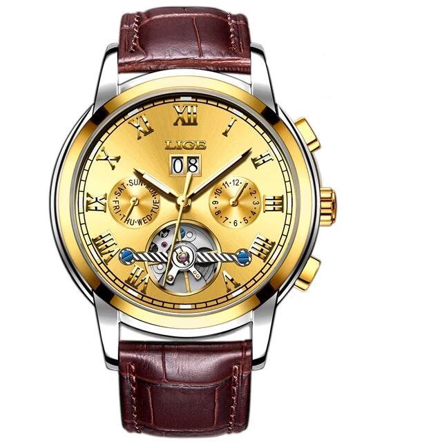Business men's waterproof watch LIGE with gold-tone dial, Roman numerals, date, leather strap on Tampa Home & Garden Store