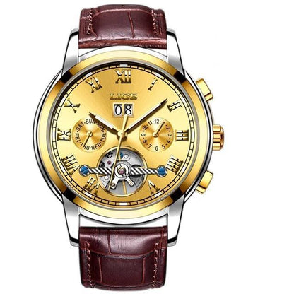 Business men's waterproof watch LIGE with gold-tone dial, Roman numerals, date, leather strap on Tampa Home & Garden Store
