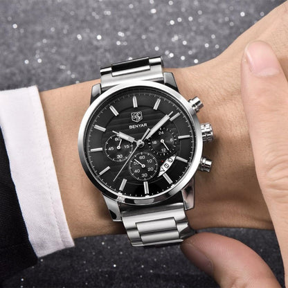 Luxury chronograph watch with BENYAR branding, black dial and stainless steel bracelet on Tampa Home & Garden Store
