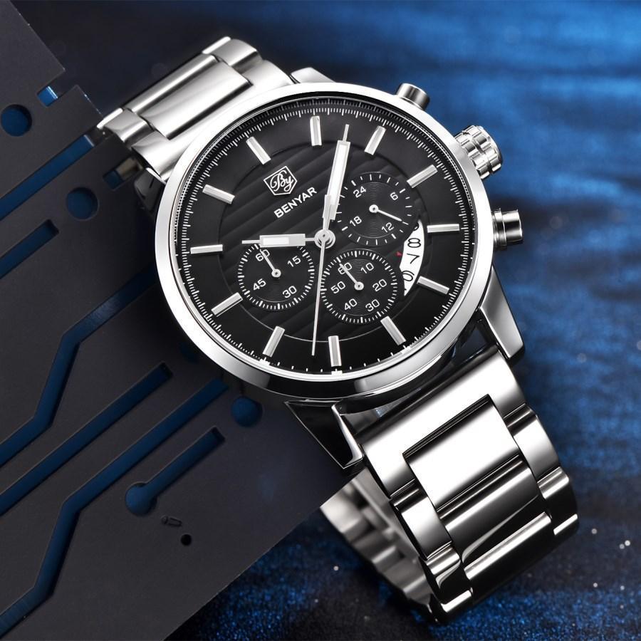 Men's luxury steel sports watch with black dial, chronograph subdials, and metal bracelet BENYAR on Tampa Home & Garden Store