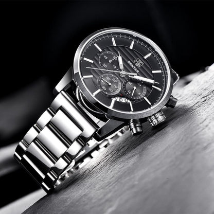 Luxury sports men's watch BENYAR black dial with chronograph subdials stainless bracelet on Tampa Home & Garden Store
