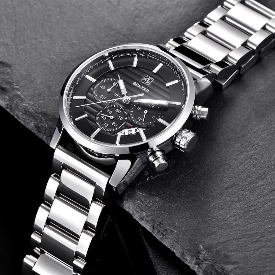Benyar men's luxury steel sports watch with black dial and chronograph, stainless bracelet on Tampa Home & Garden Store